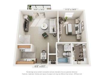 A 3D floor plan of a small apartment with a kitchen, living room, and bathroom.
